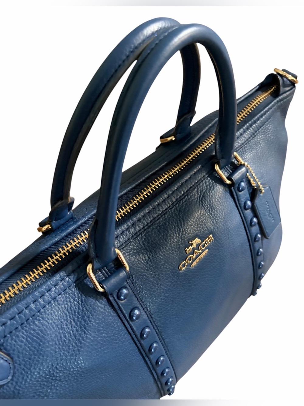 Coach Blue Central Studded Pebble Leather Satchel - Picture 6 of 11